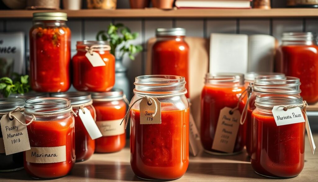 A neatly organized kitchen counter showcases various glass jars and mason jars filled with vibrant red marinara sauce. The jars are carefully labeled with handwritten tags, indicating the contents and storage dates. Soft, directional lighting casts warm shadows, highlighting the rich, glossy texture of the sauce. In the background, a few potted herbs and a vintage cookbook add a cozy, homemade atmosphere. The overall scene conveys a sense of culinary expertise, attention to detail, and a dedication to preserving the flavors of homemade marinara sauce.