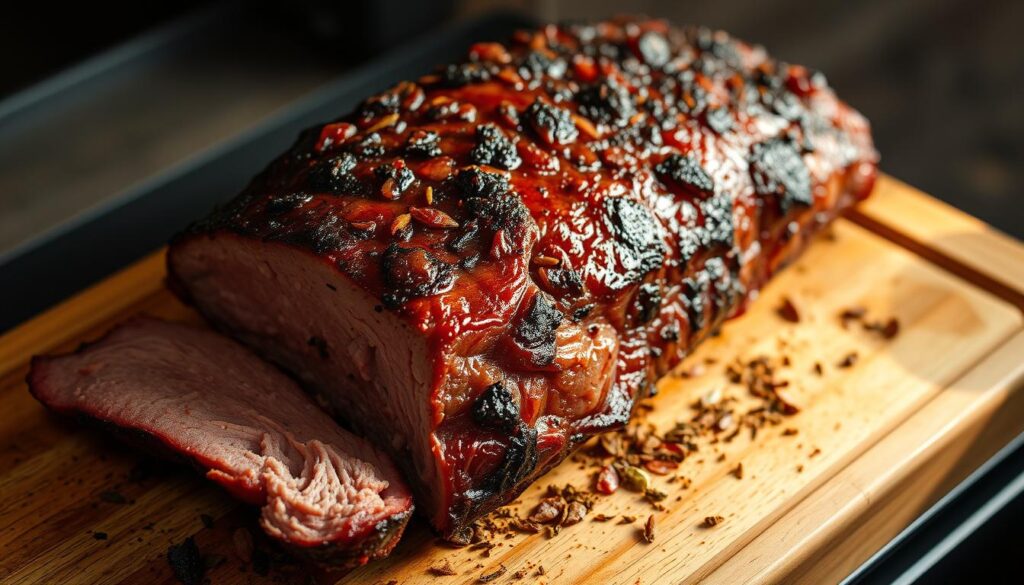 A perfectly seared and smoky brisket, resting on a wooden cutting board, nestled in a bed of fragrant herbs and spices. The glistening exterior reveals the intense flavor infused by the pellet grill's aromatic smoke. Soft, ambient lighting casts warm shadows, heightening the mouthwatering anticipation. The brisket's tender interior, still radiating heat, awaits the final carving, ready to deliver the ultimate smoked meat experience. This moment of rest is the crucial bridge between the laborious cooking process and the savory, succulent reward.