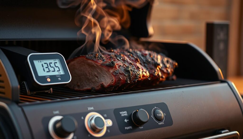 A perfectly seared and tender brisket sits atop a pellet grill, its internal temperature displayed on a sleek digital thermometer. The smoke swirls gently around the meat, infusing it with a delectable, aromatic hue. The grill's control panel is illuminated, showcasing the various temperature zones and settings, allowing for precise temperature regulation throughout the smoking process. The scene is bathed in warm, golden lighting, creating a cozy, inviting atmosphere. The focus is sharp, capturing every detail of the brisket and the grill's features, highlighting the importance of temperature control in achieving the ultimate smoky flavor.