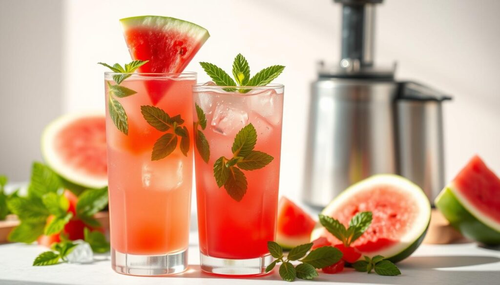 A refreshing glass of watermelon mint lemonade against a bright, airy background. The lemonade fills the foreground, its vibrant pink-red hue accented by fresh mint leaves and slices of juicy watermelon. Crystalline ice cubes catch the light, adding a sparkling, thirst-quenching appeal. The middle ground features a cutting board with halved watermelon and a juicer, conveying the process of preparing this nutritious beverage. The background is a soft, neutral tone, allowing the vibrant colors of the drink to take center stage. Diffused, natural lighting casts a warm, summery glow, enhancing the appetizing presentation. The overall scene exudes a sense of healthfulness, refreshment, and the natural goodness of these key ingredients.