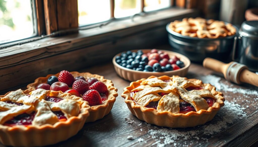 A rustic kitchen counter with a variety of homemade fruit pies, freshly baked and awaiting eager consumption. The pies, with their golden-brown crusts and vibrant fillings of strawberries, blueberries, and apples, are artfully arranged, their scent wafting through the air, inviting the viewer to indulge in these delightful sweet treats. The scene is bathed in warm, natural lighting, creating a cozy and inviting atmosphere. The pies are complemented by a few simple kitchen utensils, such as a rolling pin and a dusting of flour, adding to the homemade charm. The overall composition emphasizes the mouthwatering appeal of these freshly made fruit pies, perfectly capturing the essence of the "Fresh Fruit and Berry Sweet Pies" section.