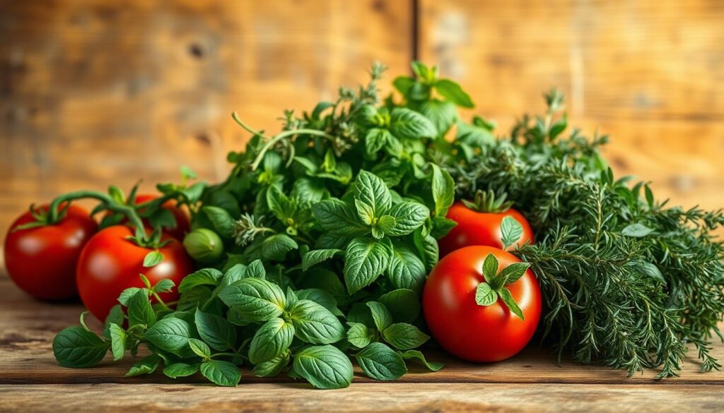 A rustic still life arrangement of fresh herbs against a warm, earthy backdrop. In the foreground, a variety of aromatic herbs such as basil, oregano, rosemary, and thyme are neatly arranged on a wooden surface, their vibrant green hues and delicate textures creating a visually captivating display. The middle ground features a few ripe tomatoes, their deep red skin glistening under natural light, hinting at the authentic Pomodoro sauce to be made. In the background, a weathered, wooden surface or wall adds depth and character, conveying a sense of traditional Italian cooking. Soft, golden lighting casts a cozy, inviting atmosphere, emphasizing the organic, homemade quality of the ingredients. The overall composition celebrates the essence of Pomodoro sauce's fundamental components - fresh, fragrant herbs and juicy tomatoes.