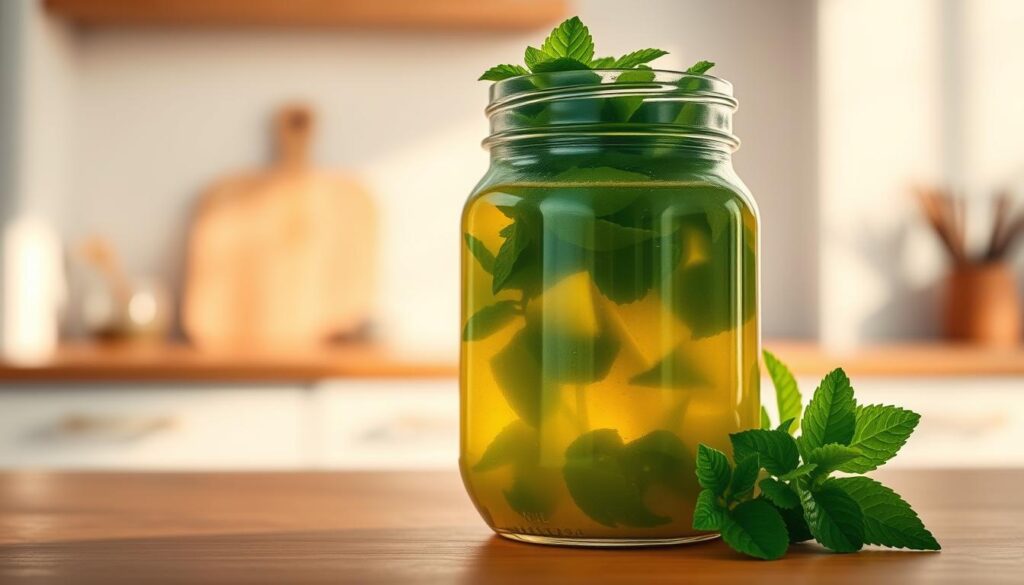 A serene glass jar filled with freshly brewed mint lemonade, its vibrant green leaves and golden liquid creating a captivating contrast. The jar sits atop a wooden surface, bathed in soft, warm lighting that casts gentle shadows. In the background, a simple, minimalist kitchen setting with clean, white walls provides a calming backdrop. The composition emphasizes the refreshing and rejuvenating qualities of the mint lemonade, inviting the viewer to imagine the perfect storage and serving experience.
