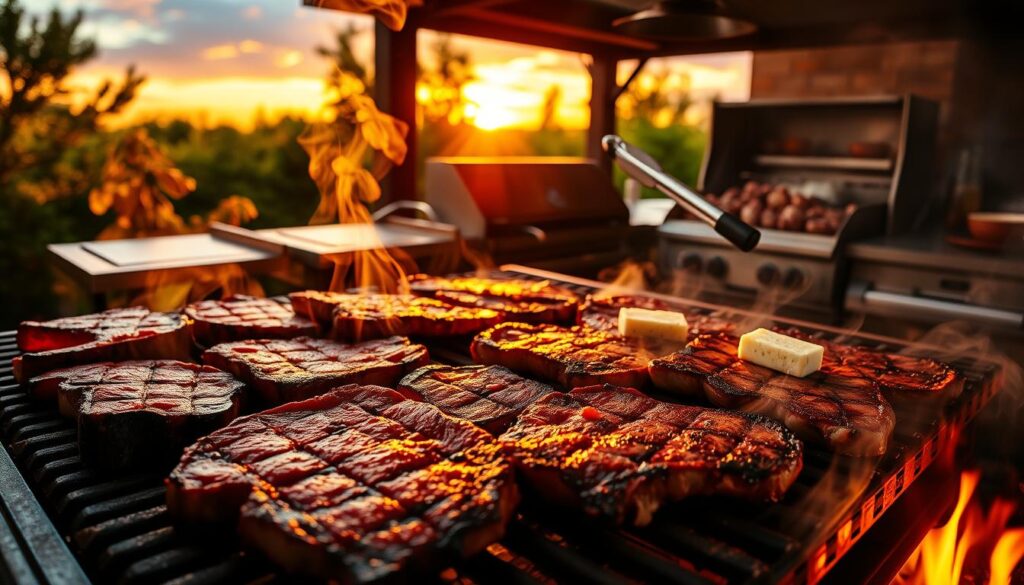 A sizzling display of expertly grilled steaks, showcasing advanced techniques for restaurant-quality results. In the foreground, a selection of thick-cut ribeyes, New York strips, and filet mignons sear over an open flame, caramelized edges and juices glistening. Wisps of fragrant smoke curl upwards, illuminated by warm, natural lighting that casts dramatic shadows across the scene. In the middle ground, a skilled grill master employs a precise basting technique, meticulously tending to the steaks with tongs and a silky, herbed butter. The background reveals a well-stocked outdoor kitchen, complete with a high-heat sear station and an array of essential grilling tools, all against a backdrop of lush greenery and a vibrant sunset sky.