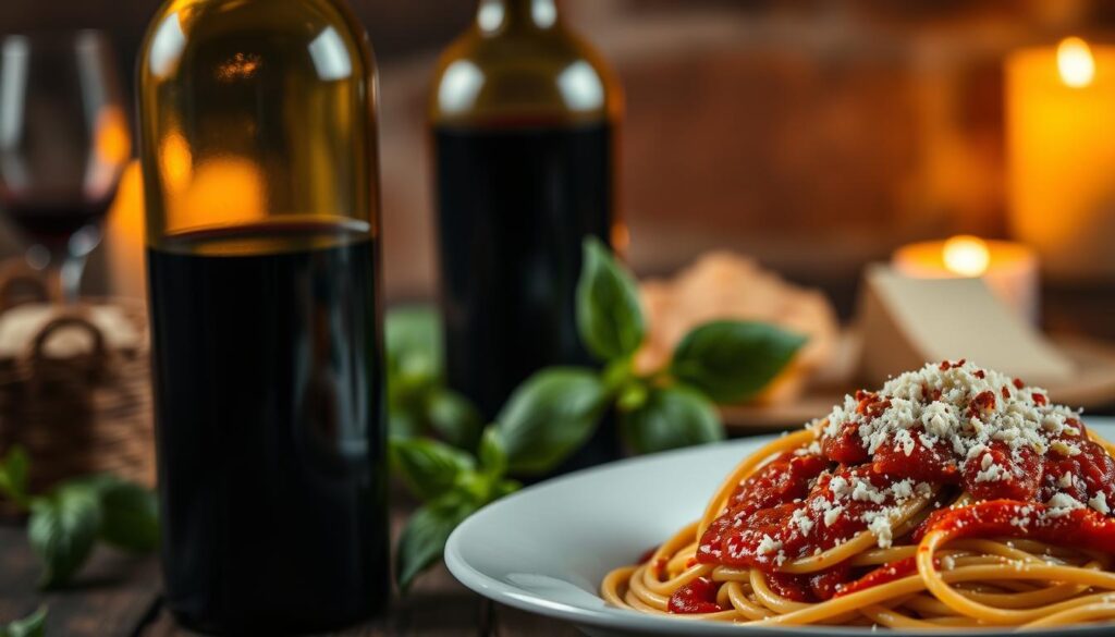 A sophisticated wine and pasta pairing guide, captured in a chiaroscuro-style still life. In the foreground, a bottle of bold red wine and a plate of freshly cooked spaghetti, drizzled with a rich, homemade tomato sauce. The middle ground features artfully arranged garnishes - fresh basil leaves, grated Parmesan, and a sprinkle of crushed red pepper flakes. The background is softly blurred, hinting at a rustic, Italian dining setting, with hints of warm, ambient lighting creating a cozy, inviting atmosphere. The composition conveys the perfect harmony between the bold flavors of the wine and the hearty, comforting pasta dish.