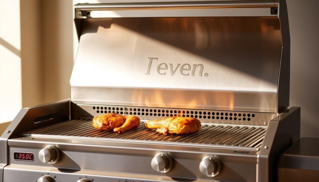 A stainless steel chicken griller with precision temperature controls, set against a clean, minimalist background. Backlit by warm, natural lighting that casts soft shadows, highlighting the griller's sleek design and intuitive knobs. The griller's grates are illuminated, showcasing its even heat distribution for perfectly seared, juicy chicken. The scene conveys a sense of culinary expertise and effortless temperature regulation, reflecting the "Proper Temperature Control and Grilling Zones" section of the article.