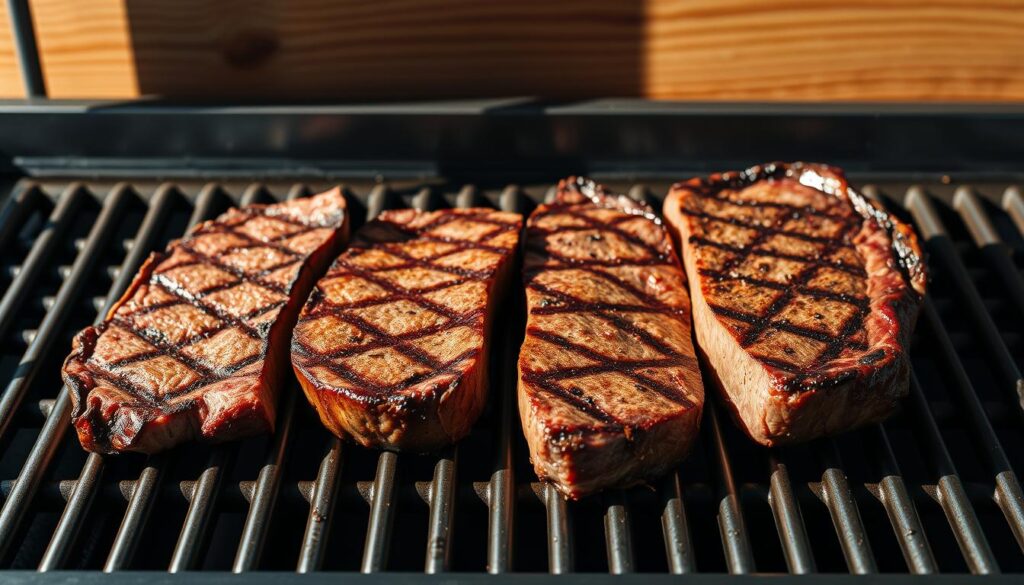 A stainless steel grill grate with seared cuts of steak placed side-by-side, highlighting their varying thicknesses. The steaks are lit by a warm, natural light that casts dramatic shadows, emphasizing their texture and marbling. In the background, a wooden surface provides a rustic contrast, complementing the industrial feel of the grill. The composition is clean and focused, drawing the viewer's attention to the precise gradations in steak thickness - from a thin, quick-cooking slice to a thick, juicy cut perfect for slow-grilling. The mood is one of culinary expertise and precision, inviting the viewer to explore the nuances of steak preparation for the ultimate grilling experience.