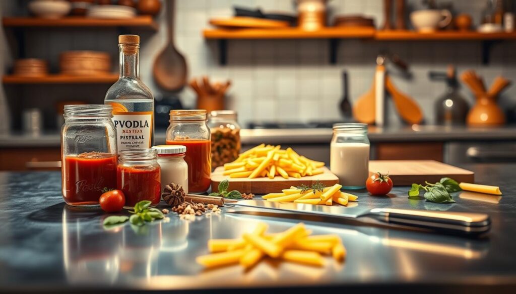 A stainless steel kitchen counter with a variety of penne pasta ingredients artfully arranged in the foreground. Jars of vodka, tomato sauce, heavy cream, and aromatic spices form a visually appealing arrangement, bathed in warm, golden studio lighting that casts soft shadows. The middle ground features a wooden cutting board with a chef's knife, conveying the preparation process. In the background, a blurred, out-of-focus image of a rustic, Italian-style kitchen adds to the cozy, authentic atmosphere. The overall mood is one of culinary expertise, attention to detail, and the thoughtful timing of ingredient addition for the perfect penne vodka dish.
