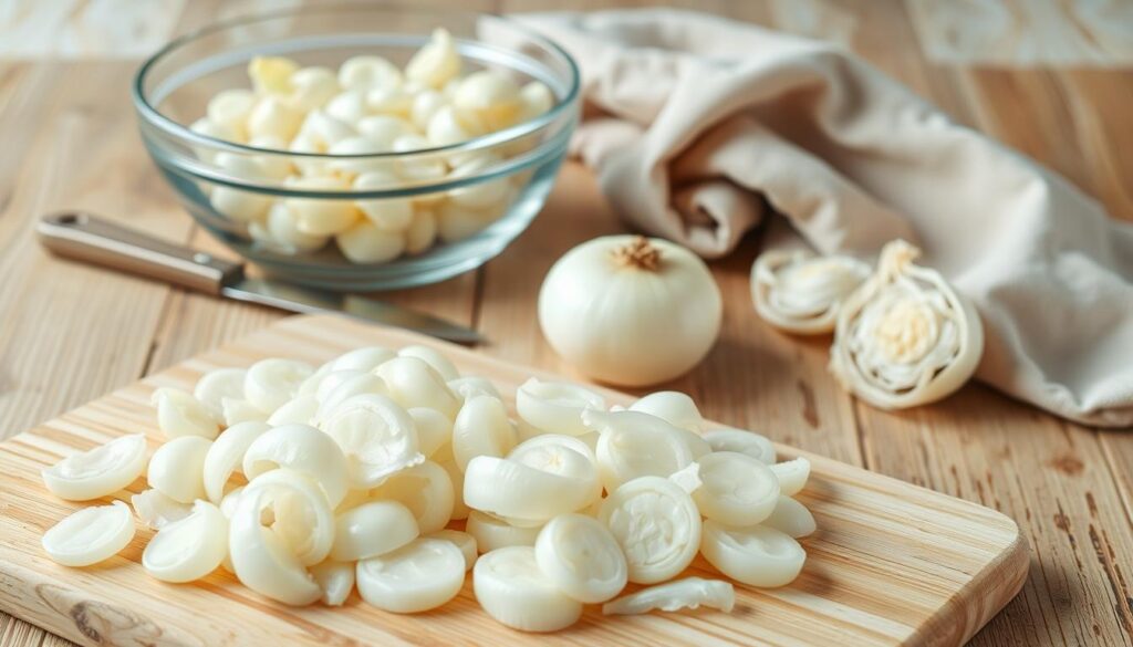 A still life composition showcasing various preparation methods for fresh pearl onions. In the foreground, a cutting board with pearl onions neatly peeled, sliced, and ready for cooking. In the middle ground, a glass bowl filled with unpeeled onions, alongside a small paring knife and a kitchen towel. The background features a wooden table with a neutral colored cloth, creating a warm, rustic atmosphere. Soft, diffused lighting illuminates the scene, highlighting the delicate texture and translucent quality of the onions. The image conveys the simplicity and convenience of effortless pearl onion preparation, ideal for quick holiday or dinner recipes.