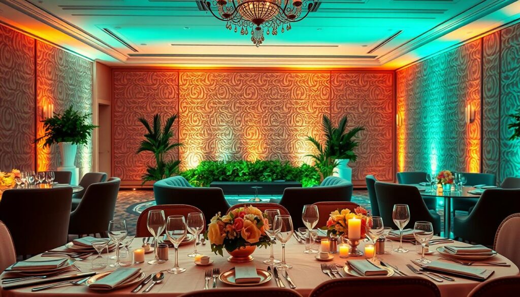 A stylish, elegantly decorated event space, bathed in warm, ambient lighting that creates a cozy, intimate atmosphere. In the foreground, a beautifully arranged table setting with fine china, crystal glassware, and intricate floral centerpieces. In the middle ground, plush, velvet-upholstered furniture and lush greenery accents that complement the overall theme. The background features a stunning, muted color palette with textured, patterned wallpaper or drapery, evoking a sense of sophistication and refinement. The overall scene conveys a harmonious balance of classic elegance and modern design, perfectly suited for a special occasion celebration.