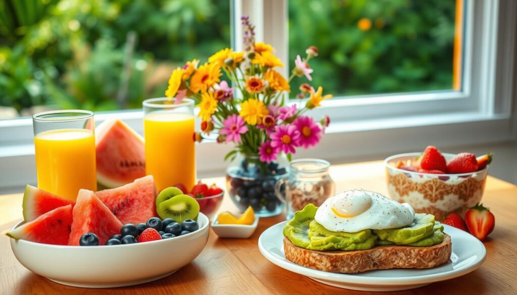 A sunlit breakfast nook showcasing a variety of healthy breakfast options. In the foreground, a wooden table is laden with a colorful assortment of fresh fruits, including sliced watermelon, kiwi, blueberries, and strawberries. A glass of freshly squeezed orange juice and a bowl of Greek yogurt with granola stand beside a plate of avocado toast, topped with a perfectly poached egg. In the middle ground, a vase of vibrant wildflowers adds a touch of natural beauty, while the background features a large window overlooking a lush, green garden. The lighting is soft and warm, creating a inviting and relaxing atmosphere.