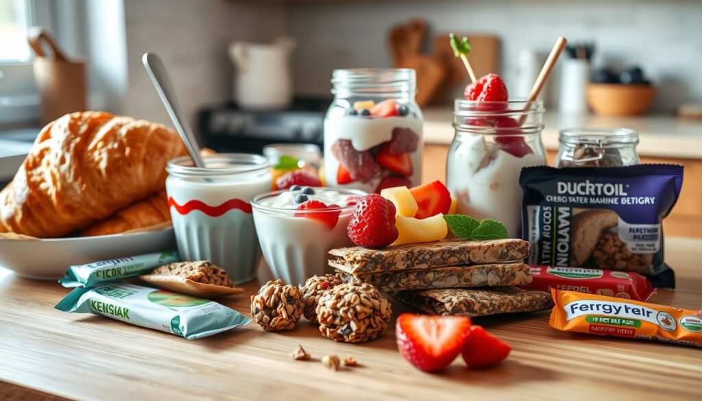 A vibrant and inviting still life capturing an array of grab-and-go breakfast options. Crisp, warm croissants, luscious yogurt parfaits, fresh fruit skewers, and an assortment of energy bars are artfully arranged on a wooden kitchen counter, bathed in soft, natural lighting that accentuates their textures and colors. The scene exudes a sense of effortless convenience and nourishment, perfectly capturing the essence of a quick, healthy start to the day. The camera angle is slightly elevated, creating a visually appealing composition that draws the viewer in, ready to savor these delectable and portable breakfast choices.