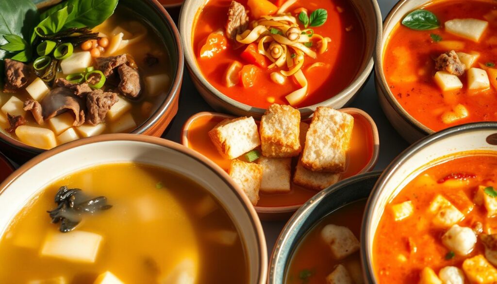 A vibrant arrangement of diverse global soup varieties, simmering in bowls of varying shapes and sizes. In the foreground, a steaming miso soup with delicate seaweed, tofu, and scallions. Behind it, a hearty pho with rice noodles, tender beef slices, and fragrant herbs. In the middle, a velvety tomato bisque, garnished with crunchy croutons and drizzled olive oil. In the background, a rich and creamy chicken noodle soup, with tender chunks of meat and fresh vegetables. Warm lighting casts a cozy glow, evoking the comforting and nourishing nature of these international soup specialties. A visually enticing representation of the world's culinary breadth and soul-soothing diversity.