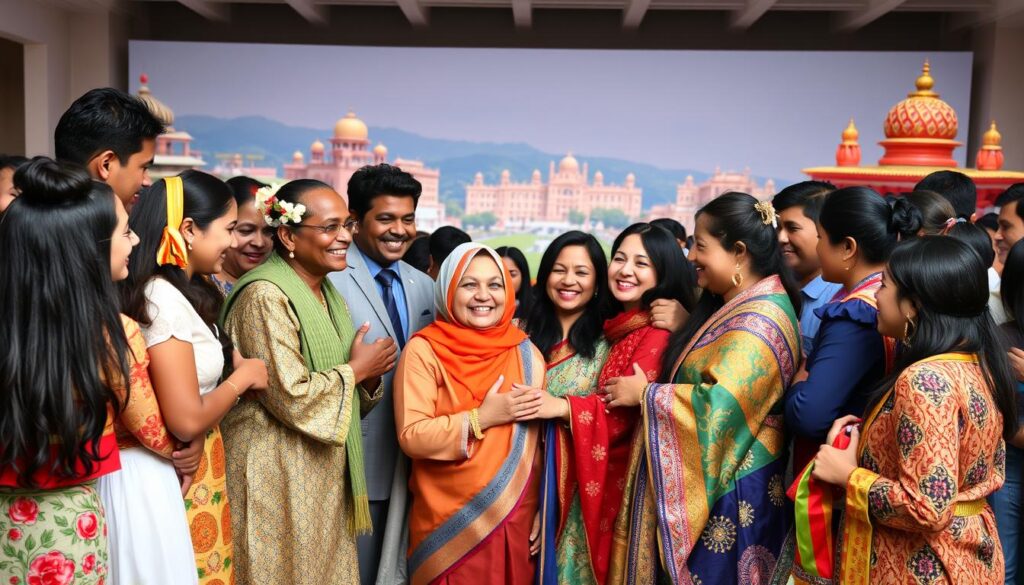 A vibrant celebration of global diversity, where people of different cultures and backgrounds come together in a harmonious embrace. In the foreground, a group of individuals representing various ethnicities, dressed in traditional attire, exchange heartfelt congratulations with warm smiles and gestures. The middle ground showcases a kaleidoscope of colors, patterns, and symbols that reflect the rich tapestry of cultural heritage. In the background, a serene landscape with architectural elements from diverse regions creates a sense of unity and shared experiences. Soft, diffused lighting illuminates the scene, evoking a mood of inclusivity, acceptance, and genuine celebration of our shared humanity.