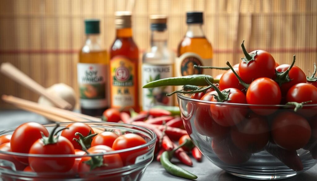A vibrant still life of spicy Asian-inspired ketchup ingredients, shot in natural light with a shallow depth of field. In the foreground, a glass bowl overflows with ripe red tomatoes, their skins glistening. Beside it, a pile of fresh chilies in shades of green and red, their stems visible. In the middle ground, soy sauce, rice vinegar, and sesame oil bottles stand upright, their labels clearly visible. In the background, a bamboo mat and a pair of chopsticks add an authentic Asian touch. The scene is bathed in a warm, golden glow, conveying a sense of comfort and culinary inspiration.