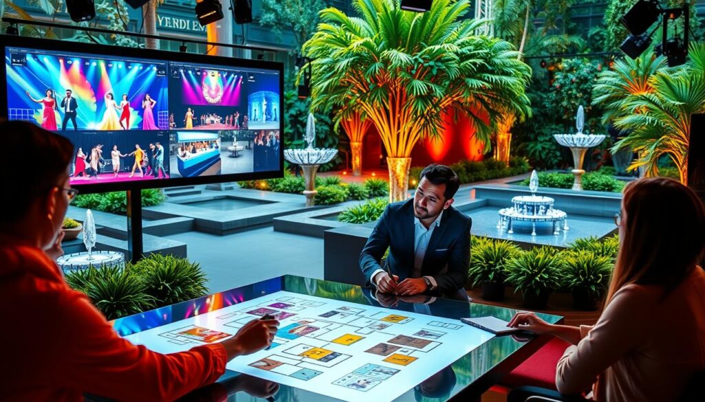A vibrant, visually-striking scene of a "Milestone Event Entertainment Planning" scenario. In the foreground, a team of event planners are gathered around a sleek, modern table, discussing ideas and sketching out layouts on a touchscreen display. Mid-ground, a projection screen showcases a kaleidoscope of colorful, dynamic entertainment options - dancers, musicians, and interactive exhibits. In the background, a lush, verdant garden setting with cascading water features creates a serene, sophisticated ambiance. Warm, directional lighting casts dramatic shadows, heightening the sense of anticipation and creativity. The overall mood is one of collaborative energy, innovative thinking, and a palpable excitement for the special occasion to come.