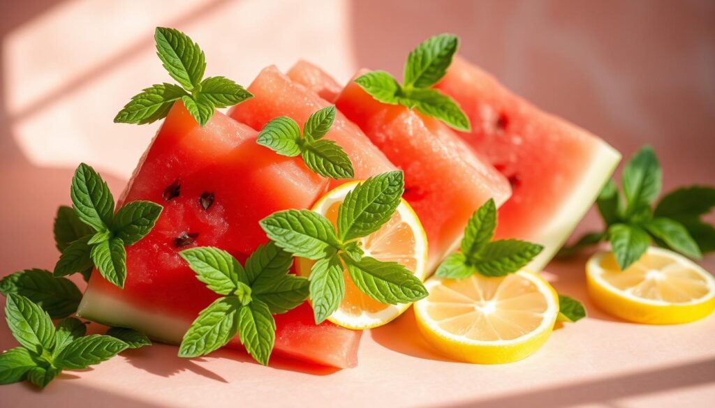 A visually appealing and thirst-quenching arrangement of sliced watermelon, fresh mint leaves, and lemon wedges against a soft, dreamy background. The watermelon slices are arranged in an artistic, overlapping pattern, with the mint leaves and lemon wedges strategically placed to create a harmonious and inviting composition. The lighting is natural and diffused, creating a warm, summery atmosphere that evokes the refreshing qualities of the lemonade. The camera angle is slightly elevated, allowing the viewer to appreciate the intricate details and textures of the ingredients. The overall mood is one of relaxation, rejuvenation, and the perfect balance of sweet and tart flavors.