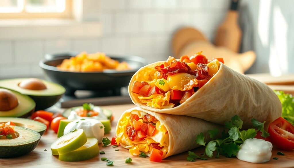 A visually appealing breakfast burrito scene set in a bright, airy kitchen. In the foreground, a freshly wrapped burrito overflows with scrambled eggs, crispy bacon, melted cheddar, and fresh salsa. Surrounding it are various breakfast ingredients - sliced avocado, diced tomatoes, shredded lettuce, sour cream, and a sprinkle of chopped cilantro. In the middle ground, a large cast-iron skillet sizzles with hashbrowns, and a plate of warm tortillas waits to be filled. The background features a tidy, white-tiled backsplash, with sunlight streaming through a window, casting a warm glow over the scene. The overall mood is one of simplicity, comfort, and the promise of a quick, satisfying morning meal.