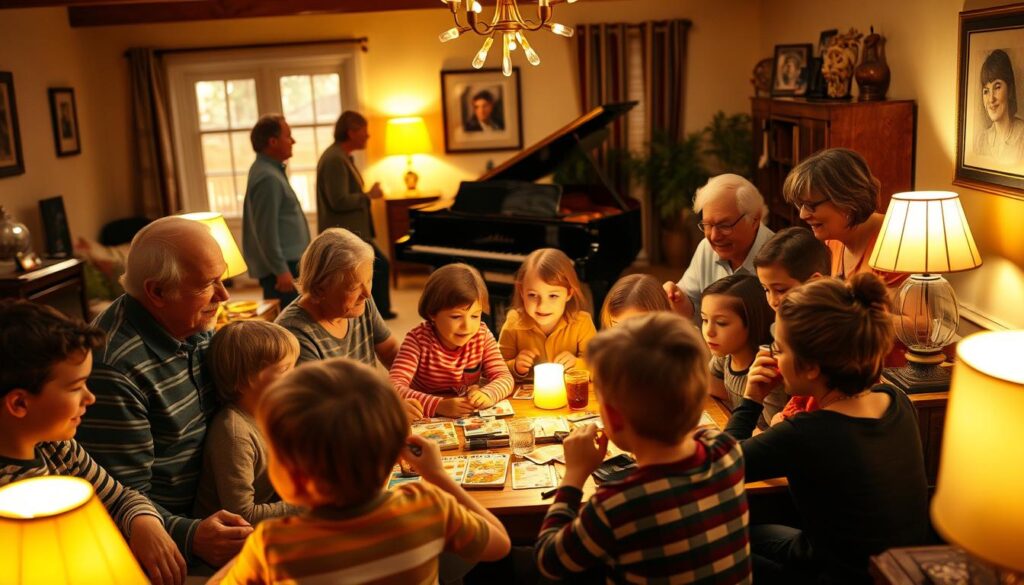 A warm and lively multi-generational family gathering, with grandparents, parents, and children enjoying various forms of entertainment. In the foreground, a group of children playing board games and card games together, their faces lit by the soft glow of lamps. In the middle ground, adults conversing animatedly, some sipping drinks, while in the background, a grand piano stands, hinting at musical performances to come. The scene is bathed in a cozy, golden light, creating a sense of togetherness and joy. The overall atmosphere is one of camaraderie, laughter, and cherished memories being made.