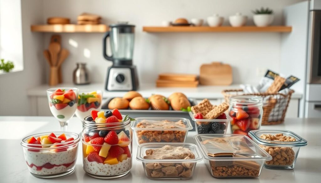 A well-lit kitchen counter with an array of grab-and-go breakfast items neatly arranged. In the foreground, a selection of overnight oats, yogurt parfaits, and portable fruit salads. In the middle, a sleek blender, a tray of freshly baked muffins, and a basket of granola bars. The background features a clean, minimalist backdrop, allowing the vibrant colors and textures of the food to take center stage. The scene is captured with a wide-angle lens, creating a sense of depth and showcasing the ease and convenience of these make-ahead breakfast solutions. The overall mood is fresh, inviting, and effortlessly organized, reflecting the section's focus on simplifying the morning routine.
