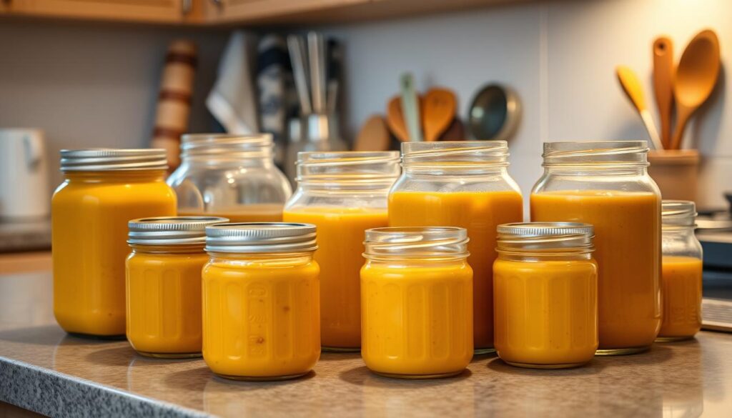 A well-lit kitchen counter with an assortment of glass jars and containers, some filled with creamy butternut squash soup. The jars are arranged neatly, with lids securely fastened. The lighting is soft and warm, creating a cozy, homely atmosphere. In the background, a few kitchen towels and utensils add to the organized, practical setting. The focus is on the storage solutions, showcasing the proper way to preserve the delicious, homemade soup for future enjoyment. The image conveys a sense of preparation, efficiency, and the care taken to ensure the soup retains its flavor and quality.