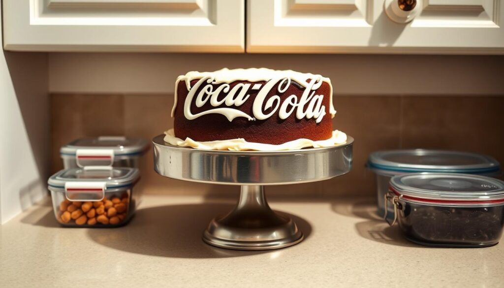 A well-lit kitchen countertop, adorned with a generously frosted Coca-Cola cake, sits atop a vintage metal cake stand. Surrounding the cake are a few clear glass food storage containers, meticulously arranged to showcase the proper storage techniques. Soft, directional lighting casts gentle shadows, highlighting the rich, dark chocolate hue of the cake and the sheen of the frosting. The overall scene conveys a sense of order, practicality, and the delightful anticipation of enjoying this classic dessert.