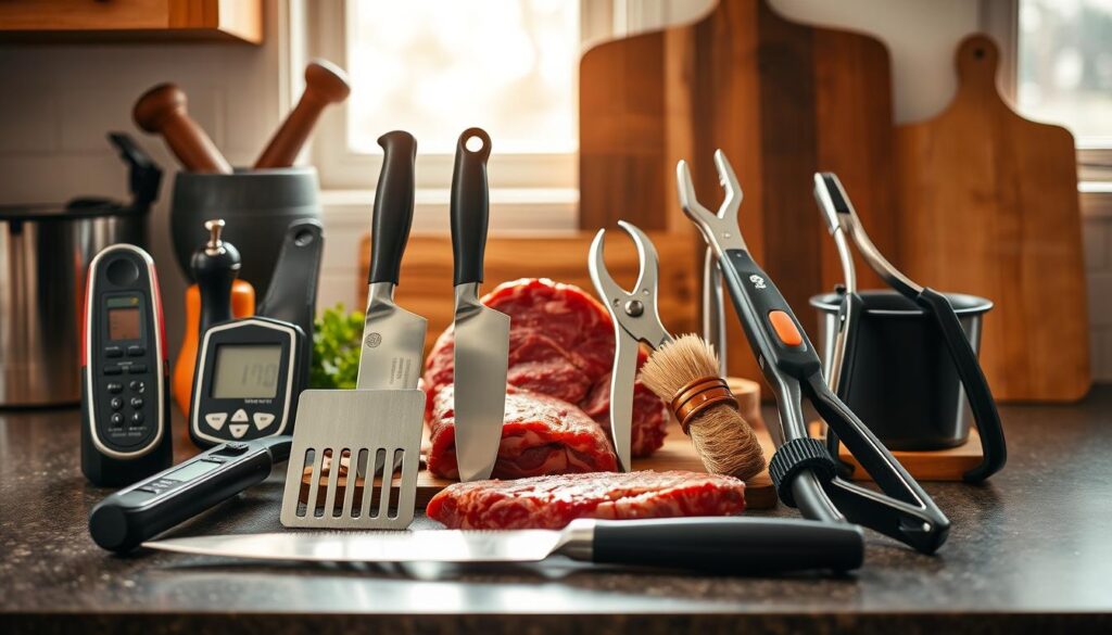 A well-lit kitchen countertop with a collection of essential beef cooking tools neatly arranged in the foreground. In the center, a sturdy chef's knife, a meat tenderizer, and a set of kitchen shears stand out. Surrounding them, a digital meat thermometer, a basting brush, and a pair of sturdy tongs create a cohesive display. In the background, a mortar and pestle, a spice grinder, and a heavy-duty cutting board add depth and suggest a well-equipped kitchen ready to handle any beef preparation task. The scene is bathed in warm, natural lighting, creating a sense of functionality and culinary expertise.