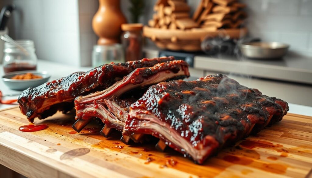 A well-lit kitchen countertop, with a large cutting board showcasing expertly smoked beef short ribs. The ribs are glazed with a rich, caramelized sauce, their tender meat falling off the bone effortlessly. Wisps of fragrant smoke drift up, hinting at the low-and-slow cooking process. In the background, an array of spices, herbs, and woodchips suggest the meticulous preparation involved. The scene conveys a sense of culinary mastery, the ribs a testament to the technique of smoking for maximum flavor and tenderness.