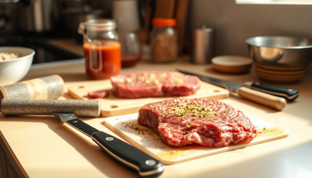 A well-lit kitchen countertop with various beef tenderizing tools arranged neatly. In the foreground, a meat mallet, tenderizing hammer, and a set of sharp knives are displayed. In the middle ground, a slab of raw beef rests on a cutting board, with a sprinkle of spices and herbs. In the background, a jar of marinade and a bowl of breadcrumbs are visible, hinting at the next steps in the tenderizing process. The lighting is warm and natural, creating a inviting and informative atmosphere for the viewer to learn about the art of beef tenderizing.