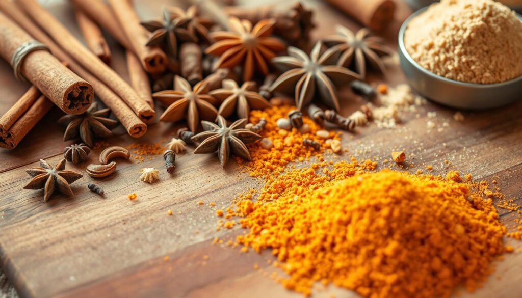 Artfully arranged spice blend for the perfect carrot cake cookies: A vintage-style wooden board scattered with cinnamon sticks, whole cloves, star anise, and freshly grated nutmeg. Soft, warm lighting casts a cozy glow, highlighting the earthy tones and natural textures of the spices. In the foreground, a small pile of ground spices in rich, autumnal shades of orange, brown, and yellow, ready to be incorporated into the cookie dough. The overall mood is one of comforting, homemade goodness, reflecting the delicious flavors to come.