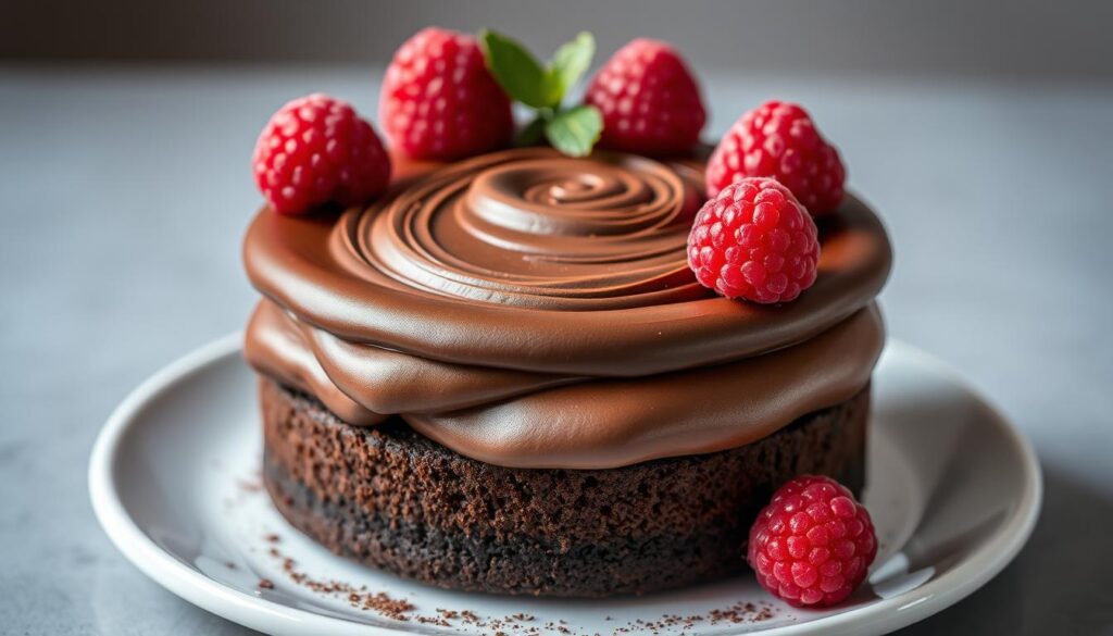 Gluten-free chocolate ganache torte dessert with a smooth, velvety texture. A rich, dark chocolate cake base topped with a decadent layer of silky chocolate ganache, garnished with fresh raspberries and a light dusting of cocoa powder. Soft lighting illuminates the glossy ganache, casting subtle shadows that accentuate the elegant, tiered design. The image is captured from a slight high angle, showcasing the luxurious, fudgy interior and intricate chocolate swirls on the surface. A sophisticated, indulgent treat presented on a simple white plate against a clean, neutral background.