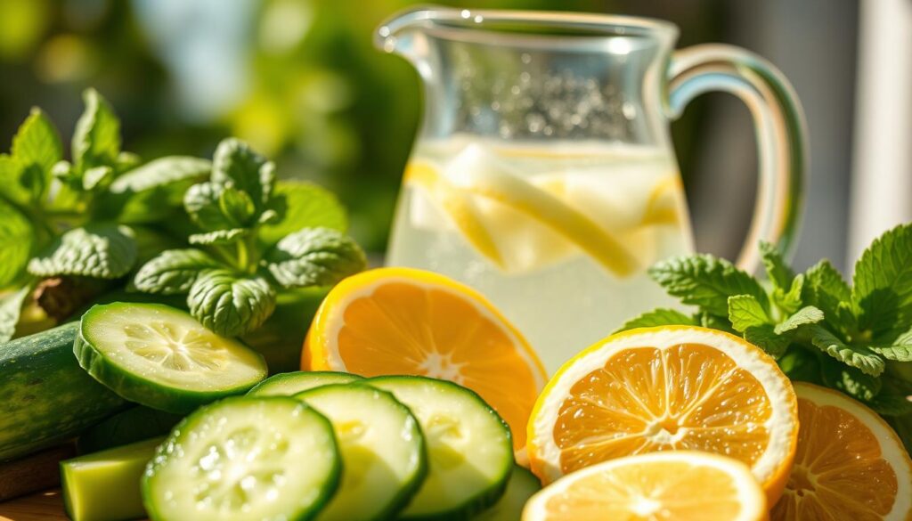 High-key, close-up shot of fresh, vibrant ingredients for making cucumber lemonade. In the foreground, a selection of freshly sliced cucumbers, lemon halves, and a bundle of crisp mint leaves. The cucumbers have a dewy, just-picked appearance, and the lemons have a bright, glossy sheen. In the middle ground, a large glass pitcher filled with clear, sparkling liquid, hinting at the refreshing beverage to come. The background is softly blurred, keeping the focus on the key ingredients. Warm, natural lighting casts a gentle glow, emphasizing the healthy, summery vibe. The overall mood is one of purity, freshness, and anticipation for a delightful, homemade cucumber lemonade.