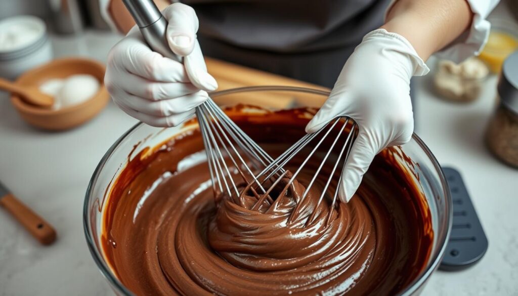 High-quality close-up image of a baker's hands mixing chocolate cake batter in a large bowl using a whisk. The batter should have a rich, glossy texture and be a deep, dark brown color. The background is a neutral kitchen countertop with utensils and baking ingredients visible in the middle and background. The lighting is soft and diffused, creating gentle shadows that accentuate the mixing motion. The composition should be centered on the mixing action, filling the frame to showcase the proper mixing techniques and methods in detail.