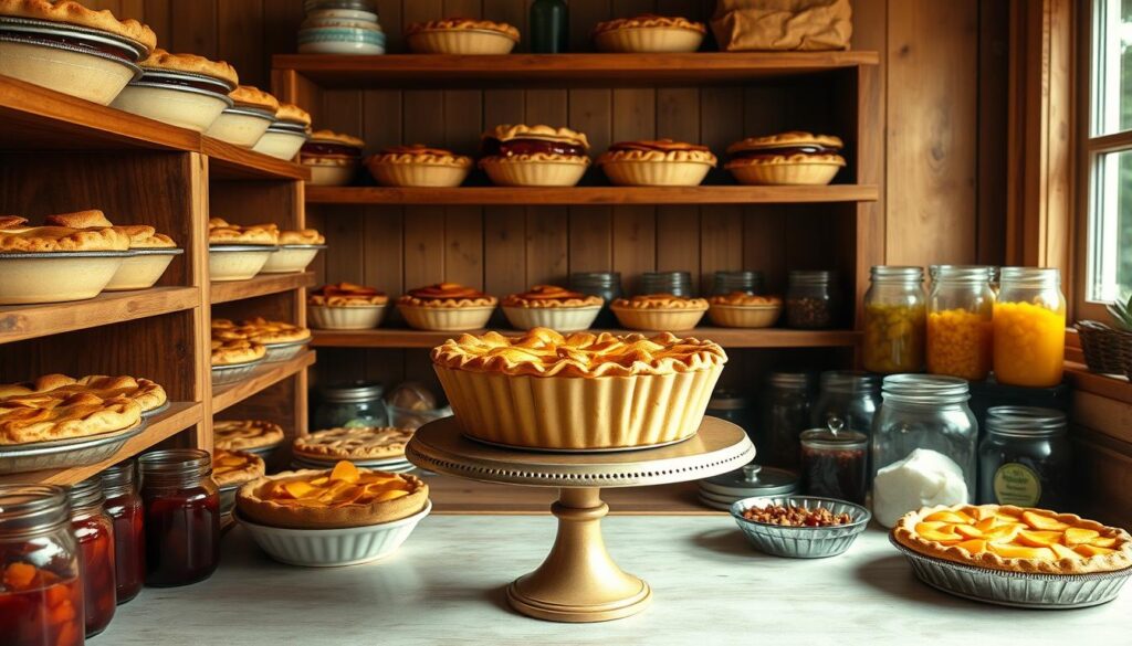 Homemade pies neatly arranged on wooden shelves in a cozy, well-lit kitchen. Flaky crusts and vibrant fillings shine under soft, warm lighting. Glass jars filled with preserves and toppings line the shelves, complementing the inviting display. A vintage cake stand takes center stage, showcasing a freshly baked pie. The scene exudes a sense of homey comfort and culinary expertise, inspiring the viewer to savor and preserve their own sweet baked creations.