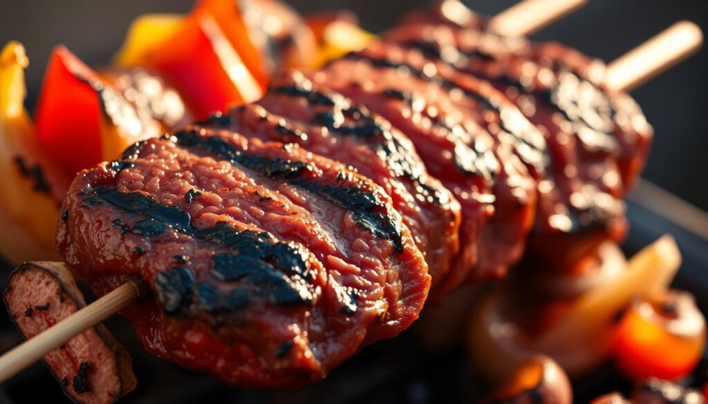 Perfectly grilled steak kebab with char marks, skewered with vibrant peppers and onions. The steak is seared to a deep, caramelized brown crust, revealing juicy, pink-centered meat. Glistening from a light basting of oil, the kebab is illuminated by a warm, golden light, casting dramatic shadows that accentuate the char marks. The composition is framed against a subtly blurred background, focusing the viewer's attention on the succulent, mouthwatering details of the skewer. Captured with a crisp, high-resolution camera lens to highlight the tender texture and smoky aroma of the expertly cooked steak.