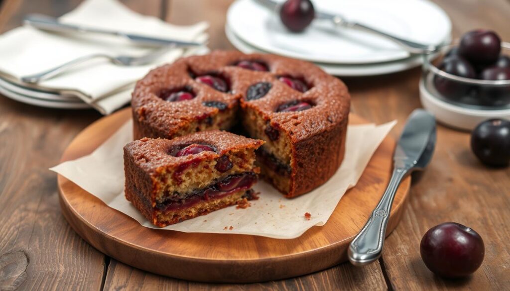 Plum Cake Storage and Serving Tips A rustic wooden table holds a freshly baked plum cake, its deep purple hues and moist crumb inviting closer inspection. Beside it, a set of elegant china plates and utensils, ready to serve delicate slices. Soft, diffused lighting casts a warm glow, highlighting the cake's mouthwatering texture. In the background, a simple linen napkin and small bowl of fresh plums add a touch of natural, homespun charm. The scene exudes a sense of cozy, thoughtful presentation, inspiring the viewer to explore the best ways to store and serve this tempting dessert.