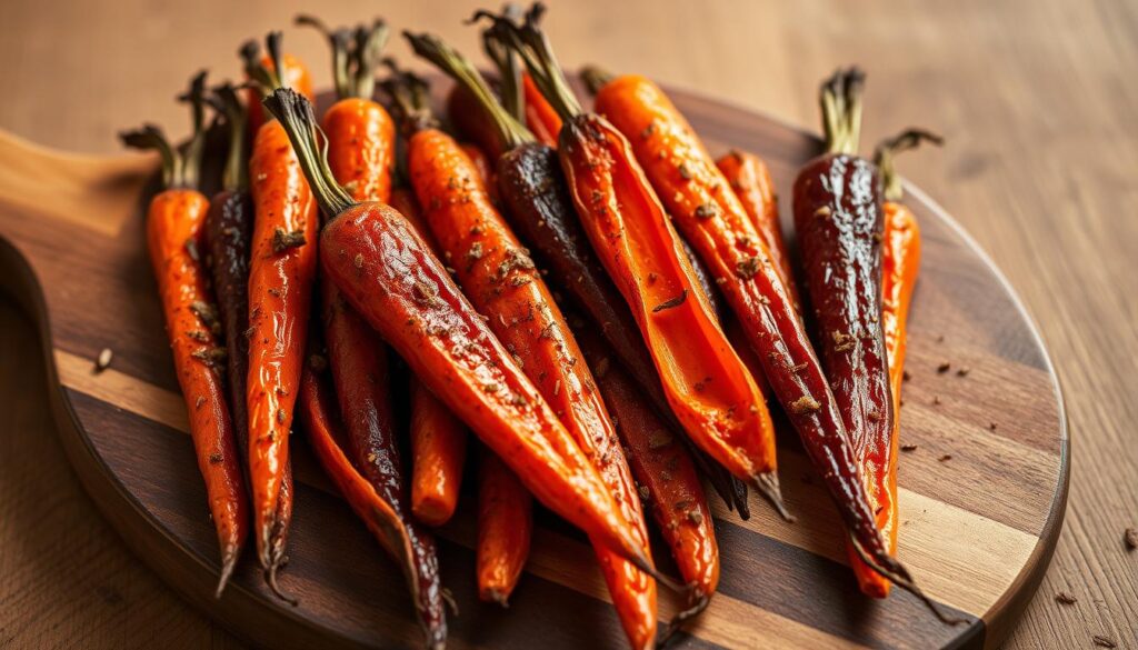 Roasted carrots with a vibrant Moroccan spice blend, arranged artfully on a rustic wooden serving board. The carrots have a deep, caramelized exterior and a tender, flavorful interior. Sprinkled with fragrant cumin, coriander, paprika, and a hint of cinnamon. Soft, warm lighting casts a cozy glow, highlighting the rich orange hues and the intricate textures of the roasted vegetables. The composition is balanced, with the carrots taking center stage against a minimalist background, allowing the savory, aromatic dish to shine.