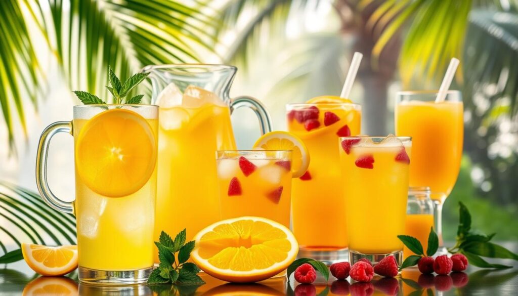 Tropical Mango Lemonade Variations: A vibrant still life showcasing an array of refreshing mango lemonade beverages. In the foreground, a glass of golden lemonade garnished with a fresh mango slice and mint sprig. Beside it, a pitcher overflowing with ice cubes and swirling lemon zest. In the middle ground, an assortment of lemonade variations - one infused with chunks of ripe mango, another speckled with tart raspberries, and a third with a vibrant turmeric hue. In the background, a lush tropical setting with palm fronds and a hazy, sun-dappled atmosphere. Lighting is soft and diffused, capturing the refreshing essence of these delightful mango lemonade creations.